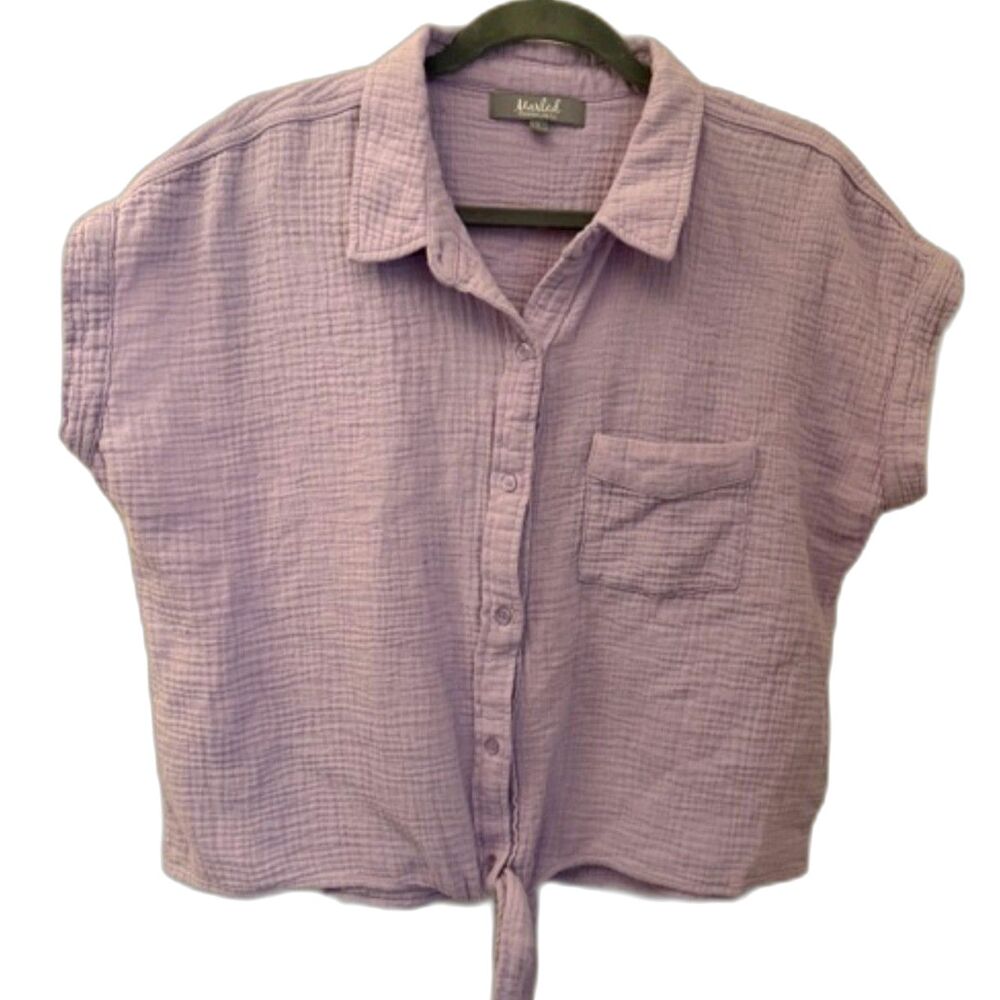 Marled Essentials Gauze Button Front Top Size L Tie Front Short Sleeve Purple